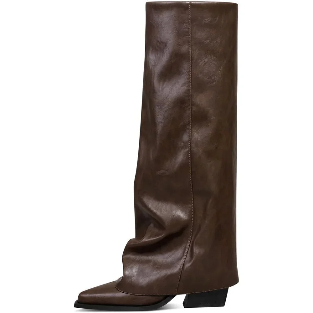 Women Brown Wide Calf Slouchy Shark Pointed Toe  Fold Over Knee High Tall Boots